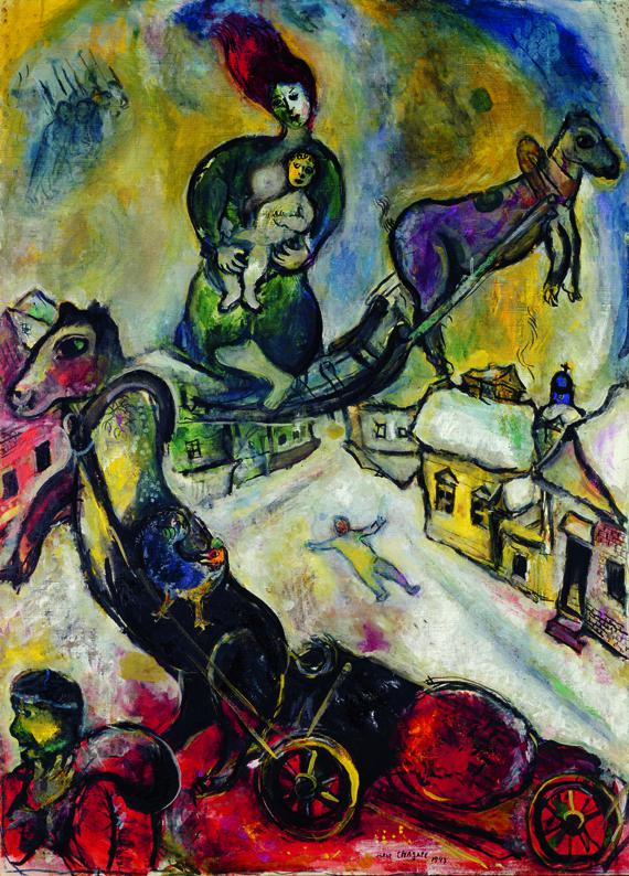 Marc Chagall, "La Guerre", 1943, huile sur toile, 106 x 76 cm. Paris, Centre Georges-Pompidou, don de l’artiste en 1953, en dépôt au musée d’Art moderne de Céret (Pyrénées-Orientales).