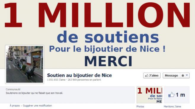 Le groupe Facebook de soutien au bijoutier de Nice qui a tir&eacute; sur un braqueur a d&eacute;pass&eacute; 1 million de "like", le 14 septembre 2013.