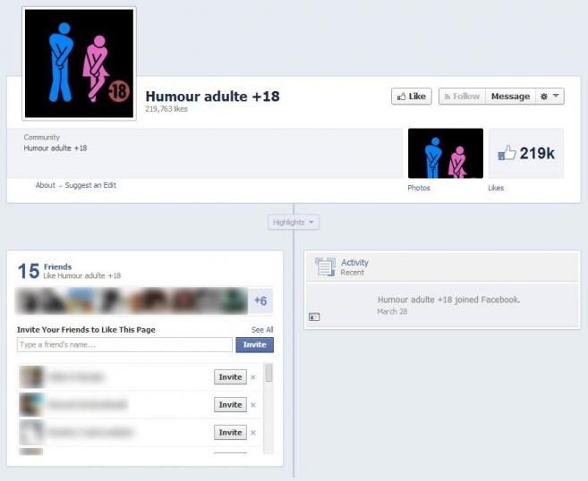 La page Facebook "Humour adulte +18", que le site zzub.fr fait "aimer" aux internautes &agrave; leur insu.