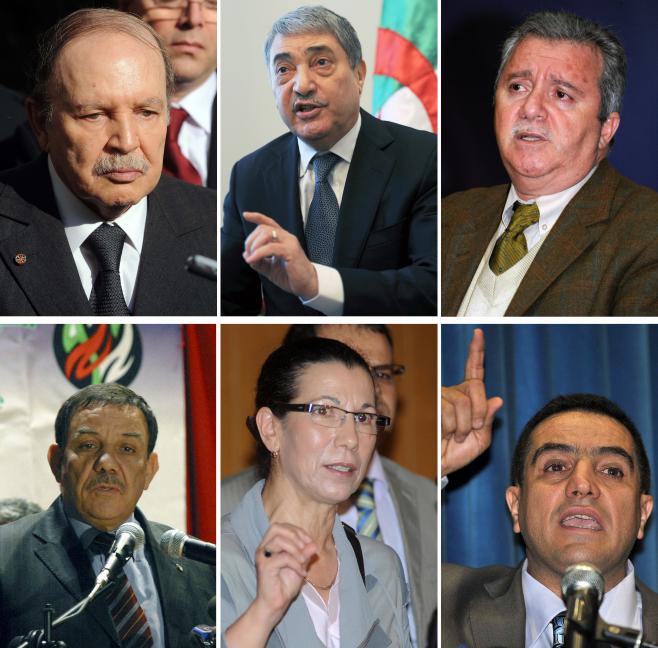 Les candidats &agrave; la pr&eacute;sidentielle alg&eacute;rienne : Abdelaziz Bouteflika, Ali Benflis, Ali Fawzi, Moussa Touati, Louisa Hanoune et Abdelaziz Belaid.&nbsp;