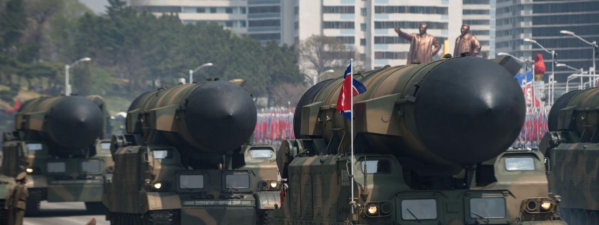 Une photo prise pendant le défilé militaire célébrant le 105e anniversaire de la naissance de Kim Il-Sung, le 15 avril 2017 à Pyongyang (Corée du Nord).