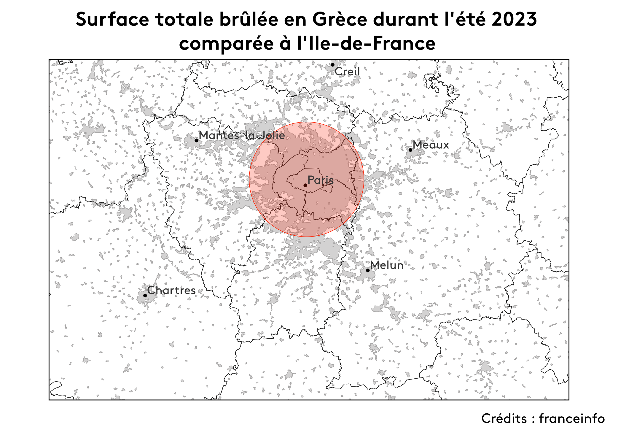 Comparaison entre la surface brûlée en Grèce à l'été 2023 et l'Ile-de-France