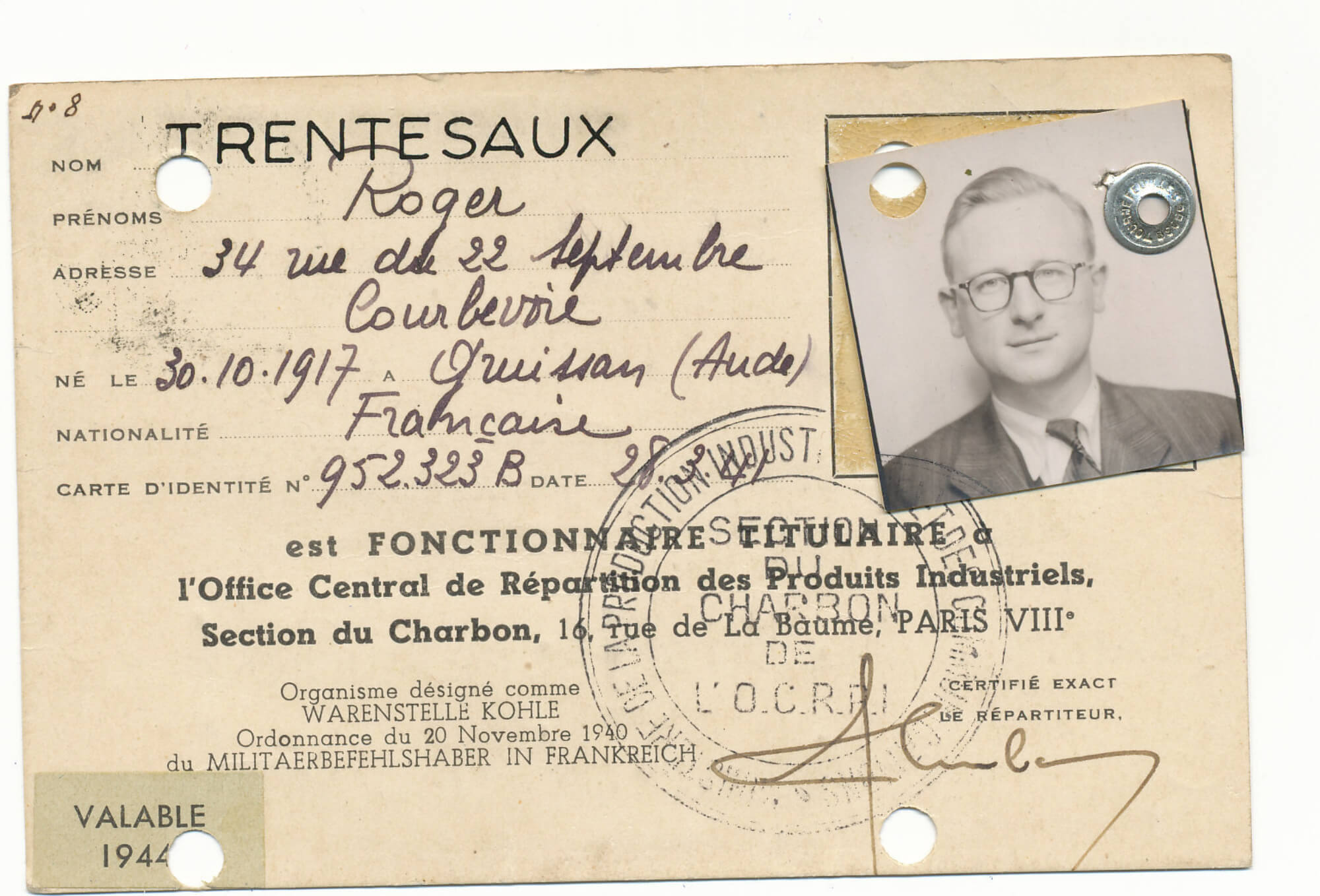 Carte d'identité de Roger Trentesaux.