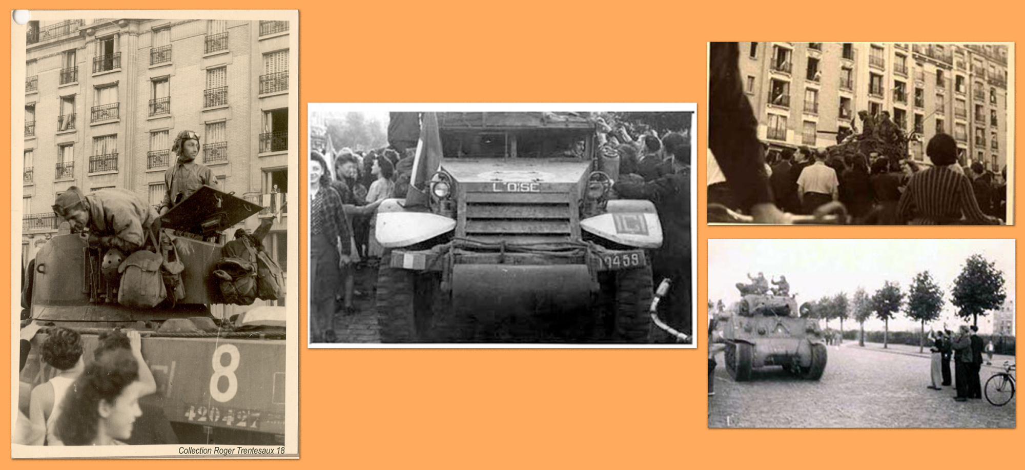 Montage photos de blindés avec à gauche le 1er escadron du 12ème Régiment de Chasseurs d'Afrique photographié par Roger Trentesaux à Paris le 25 août 1944.