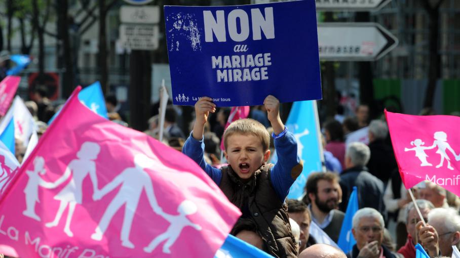 Un enfant brandit une pancarte "Non au mariage mirage" pendant la manifestation contre le mariage pour tous à Paris, le dimanche 21 avril 2013.