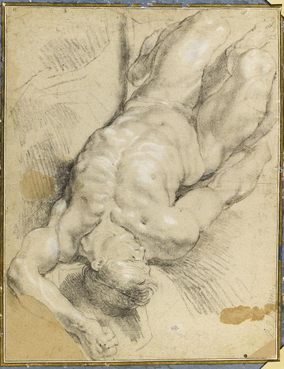 Pierre Paul Rubens, \"Etude d\'un homme nu renvers&eacute;\", date inconnue. Pierre noire et rehauts de blanc, 42,3 cm x 54,8 cm, mus&eacute;e du Louvre, d&eacute;partement des Arts graphiques,&nbsp;Paris.