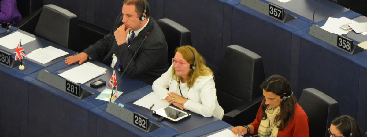 La d&eacute;put&eacute;e Jo&euml;lle Bergeron (en blanc, avec les lunettes rouges) assiste &agrave; une s&eacute;ance du Parlement europ&eacute;en, le 2 juillet 2014, &agrave; Strasbourg (Bas-Rhin).