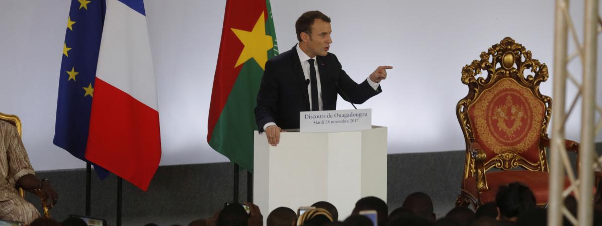 Le chef de l\'Etat, Emmanuel Macron, pendant son discours à Ouagadougou (Burkina Faso), le 28 novembre 2017.