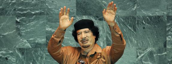 L\'ancien dictateur libyen Mouammar Kadhafi, le 23 septembre 2009 à New-York (Etats-Unis).