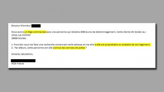 Demande de renseignements d\'un cadre d\'Ikea-France faite auprès d\'un détective privé.