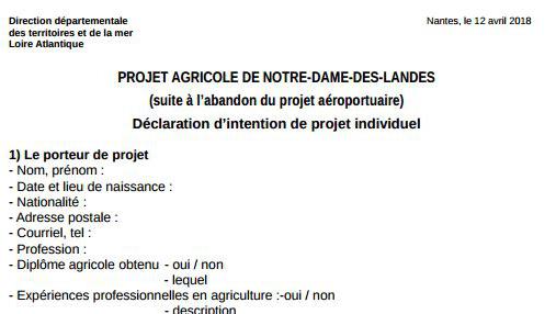 Capture d\'écran du document intitulé&nbsp;\"projet agricole de Notre-Dame-des-Landes, déclaration d\'intention\" mis en place par l\'Etat à l\'adresse des zadistes, le 12 avril 2018.