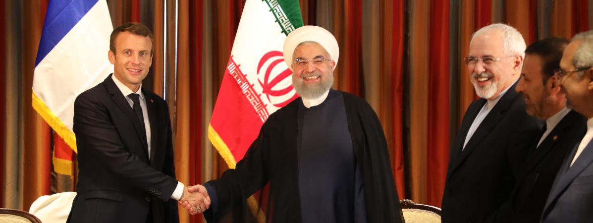 Rencontre entre Emmanuel Macron et le président iranien Hassan Rohani, en marge de l\'Assemblée générale de l\'ONU, le 18 septembre 2017.