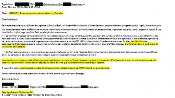 Mail de la firme Dow Chemical pour défendre le sulfoxaflor, un pesticide tueur d’abeilles.