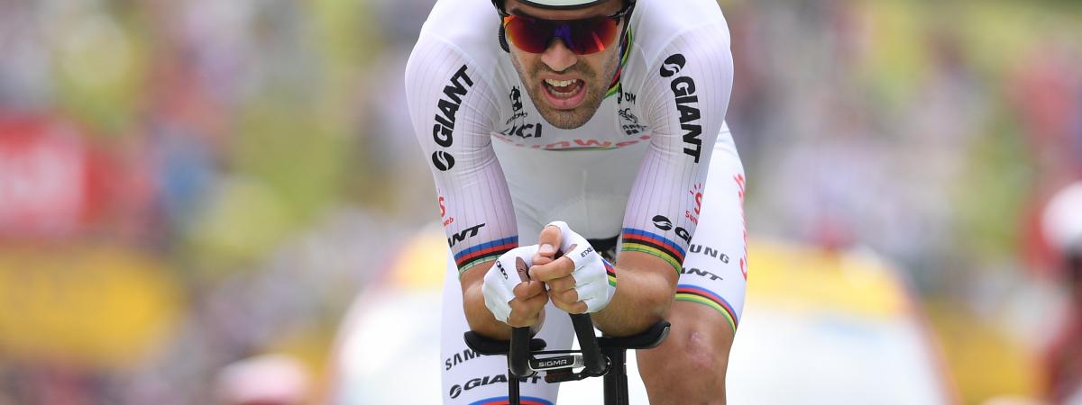 Tom Dumoulin, lors de l\'épreuve du contre-la-montre entre&nbsp;Saint-Pée-sur-Nivelle et Espelette (Pyrénées-Atlantiques), le 28 juillet 2018.