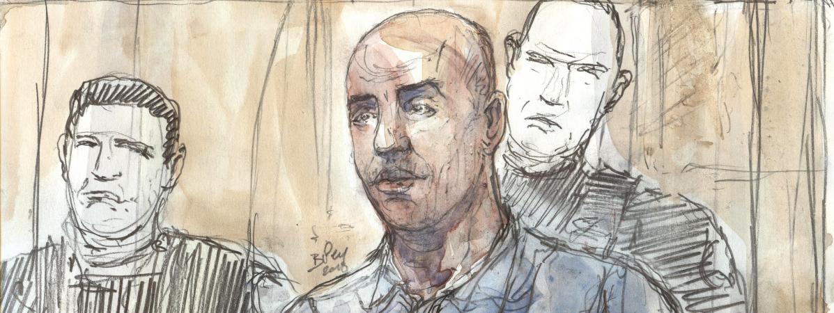 Un portrait dessiné de Redoine Faïd, durant son procès devant la cour d\'assises de Paris, le 27 février 2018.