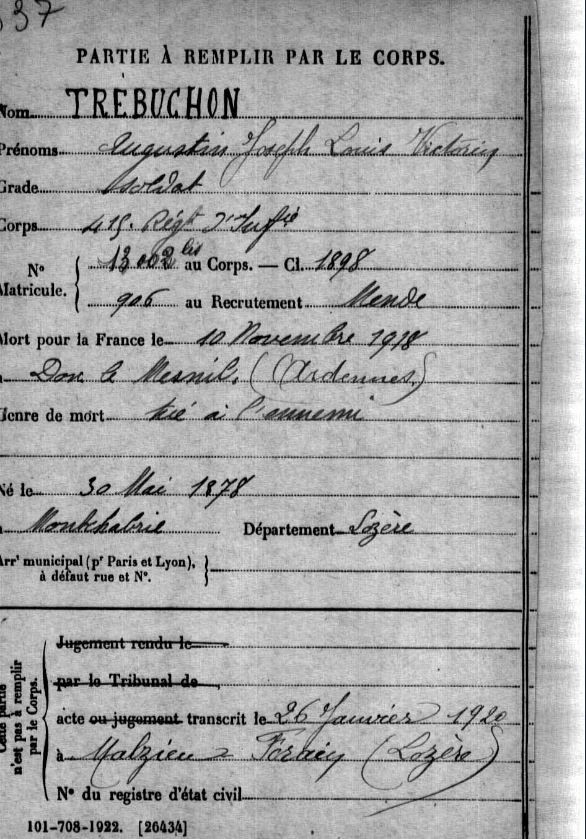 Le fiche individuelle d\'Augustin Trébuchon dans son livret militaire.&nbsp;