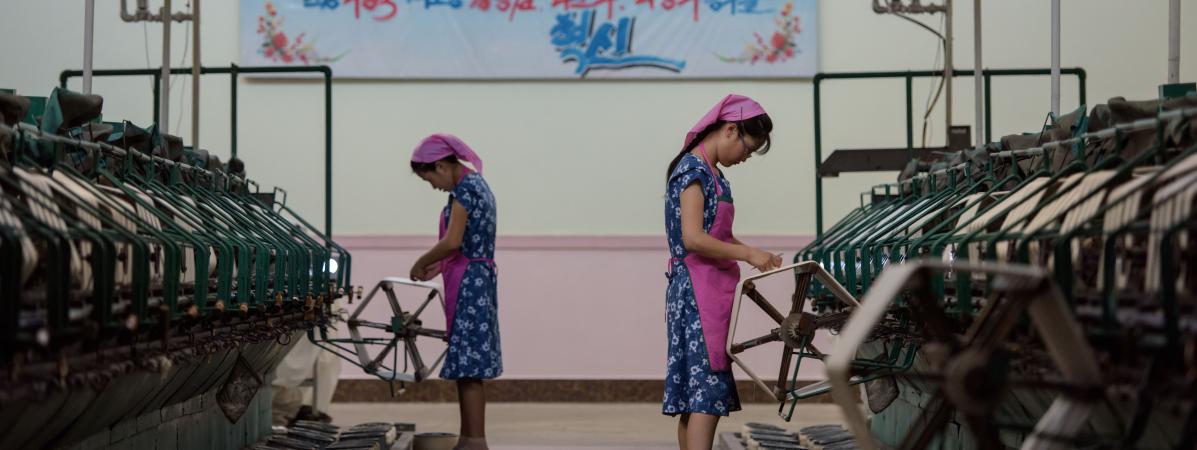 Des ouvrières dans une usine textile à Pyongyang en Corée du Nord, le 7 septembre 2018.