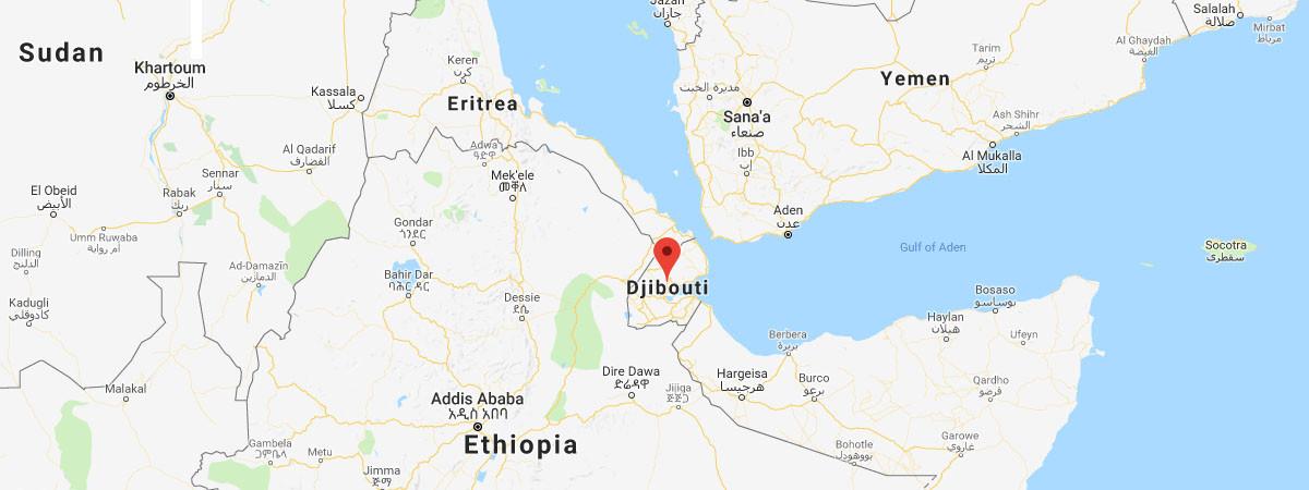 Djibouti se trouve entre l\'Éthiopie, la Somalie et l\'Érythrée.&nbsp;