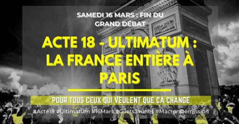 Capture d\'écran de l\'évènement Facebook&nbsp;\"Acte 18 - Ultimatum - La France entière à Paris\", pour le 16 mai 2019.