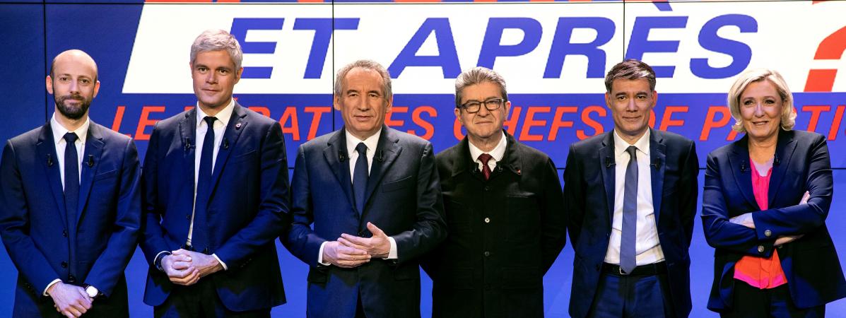 Stanislas Guerini (LREM),&nbsp;Laurent Wauquiez (LR),&nbsp;François Bayrou (Modem), Jean-Luc Mélenchon (LFI), Olivier Faure (PS) et Marine Le Pen (RN), le 20 mars, sur le plateau de BFM TV.