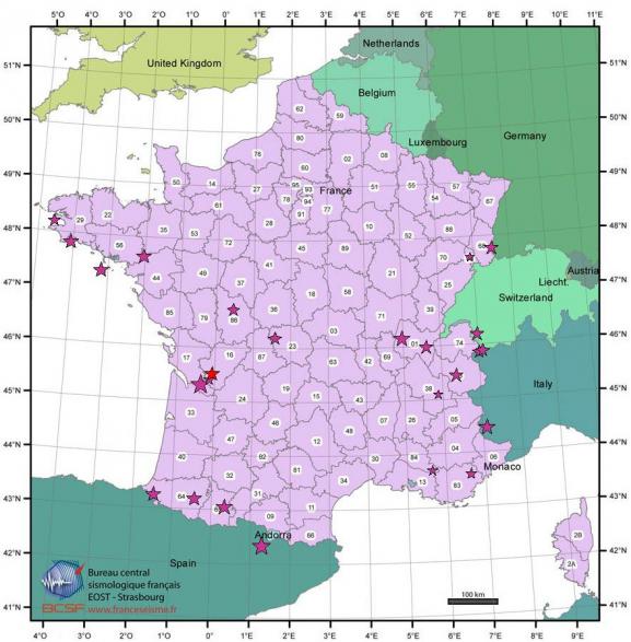 Capture écran du site internet du&nbsp;bureau central sismologique français (BCSF) représentant la carte des séismes ressentis en France depuis le début de l\'année 2019.