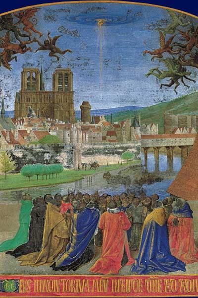 Notre-Dame de Paris dans une enluminure de Jean Fouquet (xve siècle) : La Main de Dieu protégeant les fidèles - Heures d’Étienne Chevalier Notre-Dame de Paris dans une enluminure de Jean Fouquet (xve siècle) : La Main de Dieu protégeant les fidèles - Heures d’Étienne Chevalier&nbsp;