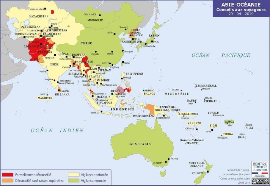 Carte des zones à éviter pour les voyageurs français,&nbsp;disponible sur le site du&nbsp;ministère des Affaires étrangères le 12 mai 2019.