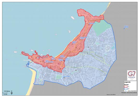 Deux \"zones de protection\" ont été dessinées dans la ville de Biarritz en prévision du sommet du G7. Interdite aux véhicules, la zone rouge est réservée aux résidents et aux professionnels. Les véhicules équipés d\'un macaron sont tolérés dans la zone bleue.