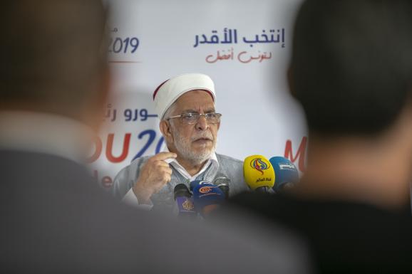 Le candidat d\'Ennahdha, Abdelfattah Mourou, lors d\'une conférence de presse à Tunis, le 9 septembre 2019