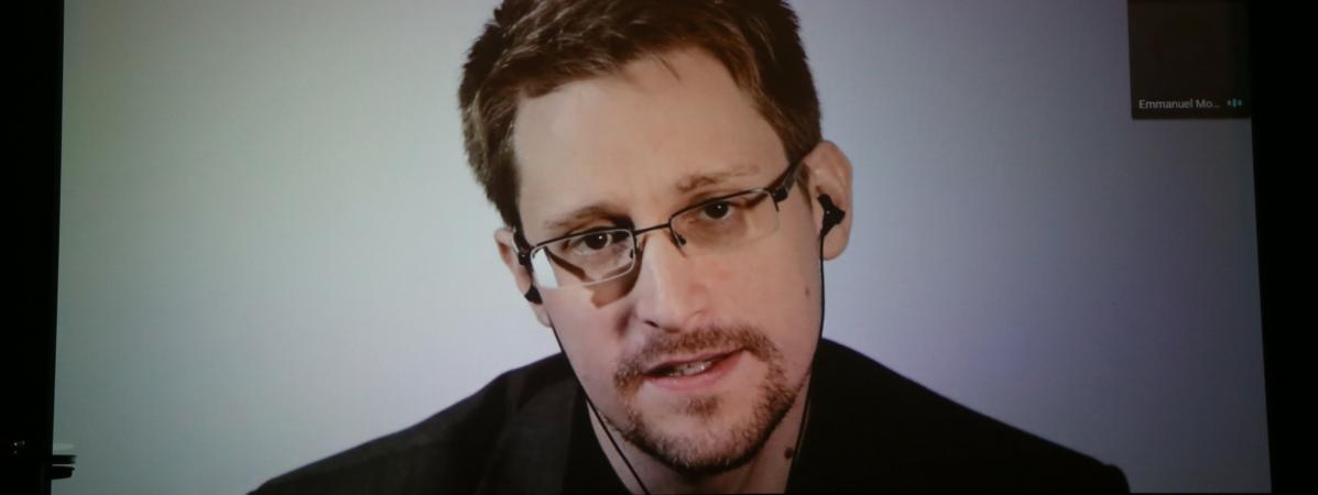 De Russie, Edward Snowden s\'adresse aux participants des confÃ©rences organisÃ©es pour le 25e anniversaire du magazine de la culture numÃ©rique, Wired, le 14 octobre 2018 Ã  San Francisco.