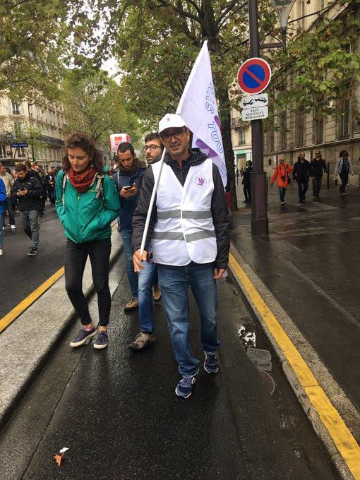 Reda Benrerbia, 52 ans, agent d\'exploitation à la RATP, membre du syndicat autonome de la RATP, manifestant à paris contre la réforme des retraites le 24 septembre.&nbsp;