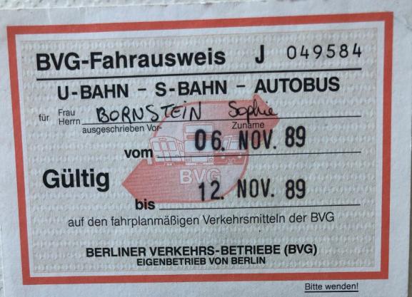 Un&nbsp;ticket&nbsp;de&nbsp;transport, au nom de Sophie Bornstein, valable du 6 au 12 novembre 1989.