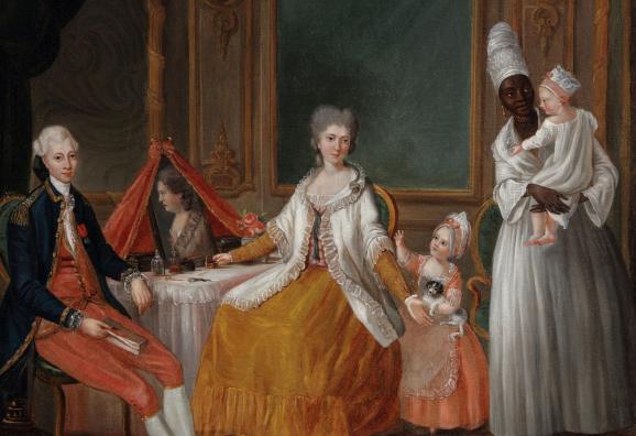 Riche famille bordelaise au XVIIIe siècle. A droite, une servante noire tient le dernier-né dans ses bras.