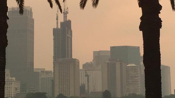 La \"Skyline\" de Sydney sous un soleil rouge