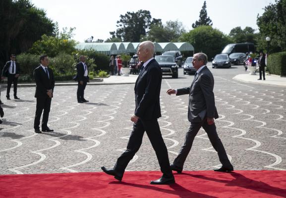 Le président élu Kaïs Saïed arrive au palais de Carthage pour la cérémonie d\'investiture le 23 octobre 2019.&nbsp;&nbsp;