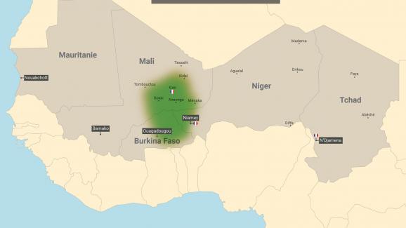 Sahel, zone couverte par l\'opération Barkhane. En vert, la région dite des \"trois frontières\".