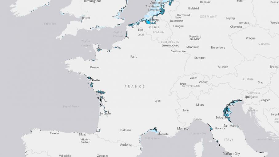 Populations européennes exposées à une hausse du niveau de la mer (de 1&nbsp;m à 6 m).