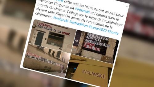 Des affiches et des messages dénonçant Roman Polanski collés cette nuit sur la façade du siège de l'Académie des César à Paris