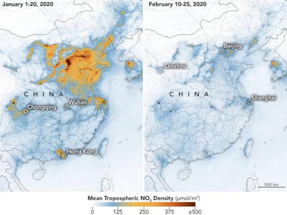 Cartes montrant l\'évolution des concentrations en dioxyde d\'azote en Chine entre les mois de janvier&nbsp;et février 2020.