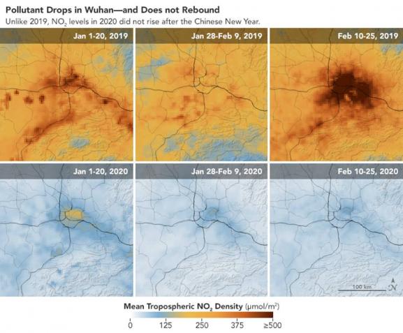 Pollution au dioxyde d\'azote dans la région de Wuhan (Chine), en janvier-février 2019 et janvier-février 2020.