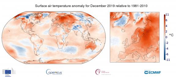 Anomalie de la température de l\'air en surface en décembre 2019 par rapport&nbsp;à la moyenne mensuelle de 1981 à 2010. &nbsp;