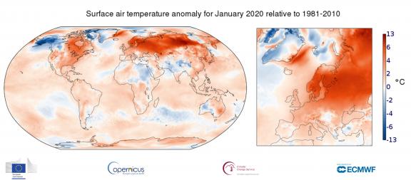 Anomalie de la température de l\'air en surface en&nbsp;janvier 2020 par rapport&nbsp;à la moyenne mensuelle de 1981 à 2010.