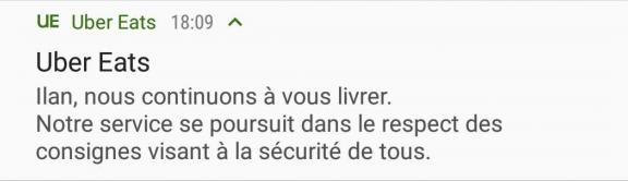 Capture d\'écran d\'une notification envoyée par Uber Eats et reçue le 17 mars 2020.&nbsp;