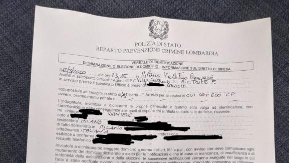 Extrait d\'un procès verbal dressé contre un habitant de Milan (Italie), le 12 mars 2020, pour non-respect des consignes de confinement.&nbsp;&nbsp;