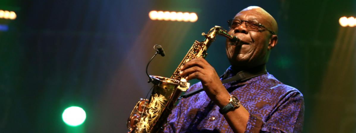 Le saxophoniste Manu Dibango, le 3 août 2019 à Marciac (Gers).