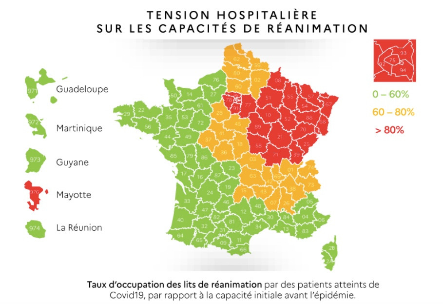 Carte tricolore du ministère des Solidarités et de la Santé présentant la tension hospitalière sur les capacités de réanimation par département.