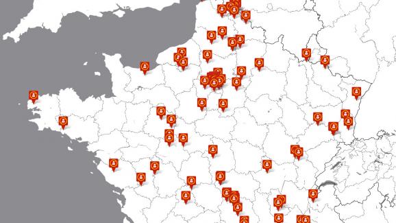 Capture d\'un détail de la carte des plans sociaux recensés par la CGT sur le site stoplicenciement.fr.