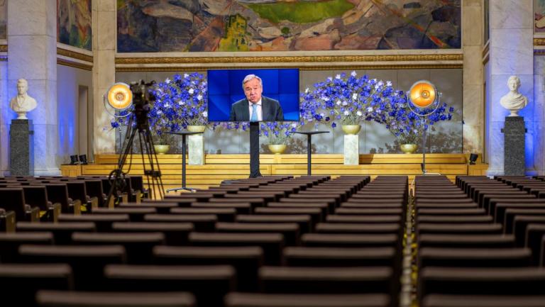 Le secrétaire général de l\'ONU, Antonio Guterres, le 11 décembre 2020 à Oslo, lors d\'une prise de parole à l\'occasion Forum du Prix Nobel de la paix.