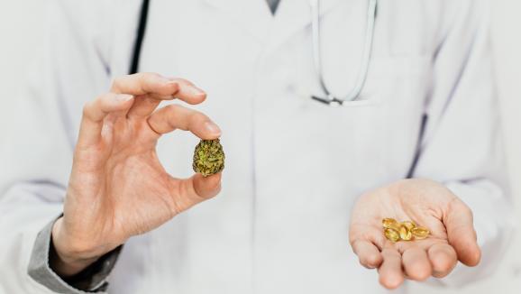 Un médico con cannabis medicinal en una mano y cápsulas en la otra.  & Nbsp;