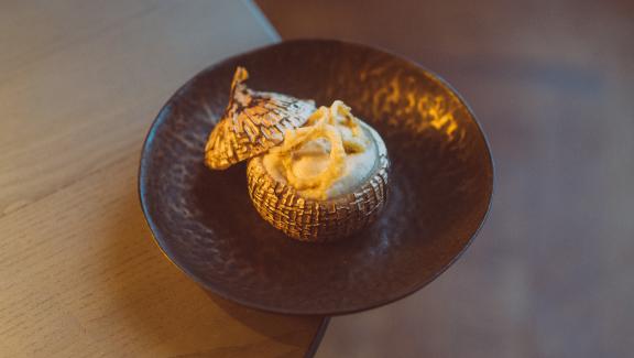 Onion and smoked eel, one of Alexandre Baumard  's signature dishes in Bordeaux, at the Gabriel Observatory.